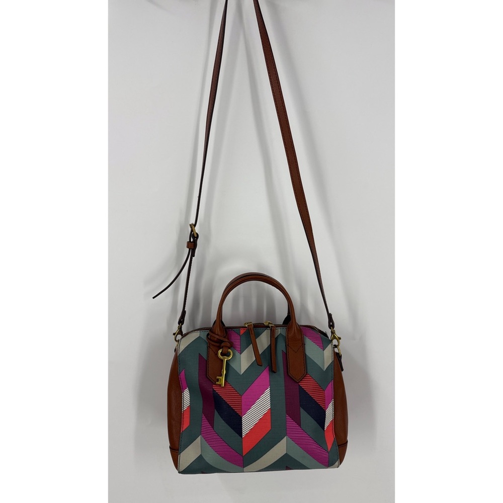 FOSSIL Fiona Multicolor Chevron Coated Canvas Satchel Crossbody Bag Purse